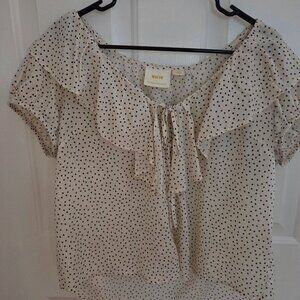 Anthropologie Maeve polka dot short sleeve ruffled deep v neck blouse size Large